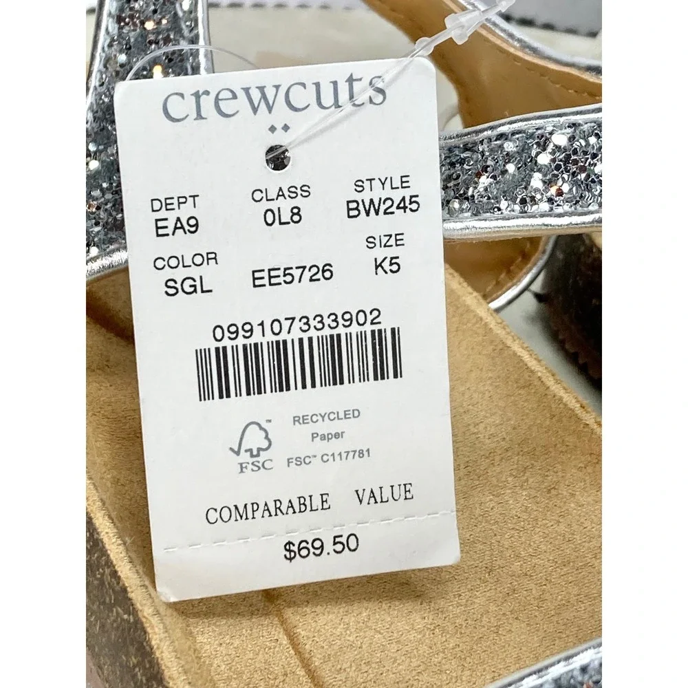 Crewcuts Glitter Two Strap Buckle Sandals Kids 5 Silver Sparkle Comfy Shoes NEW